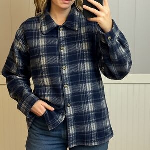 Vintage Route 66 Blue Plaid Fleece Shacket — 90s Western Grunge Cozycore